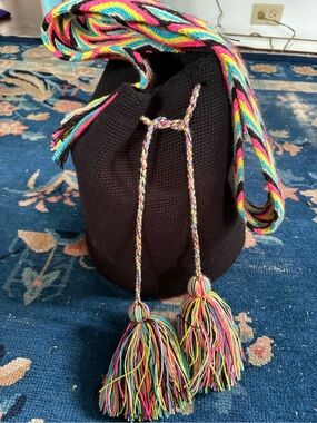 Las Olas Black Crochet Beach Bag with Multicolor Strap and Tassels